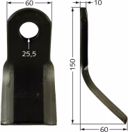 Technische Zeichnung: Industriehof® Y-Messer 150 x 60 x 10 mm, Bohrung 25,5 mm, für Mulcher Agrimaster, Maschio, Sicma