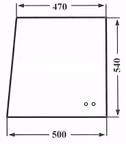 Technische Zeichnung: Seitenscheibe 540 x 470/500 x 5 mm links/rechts, klar, schiebbar, 2 Bohrungen