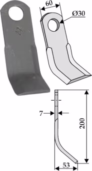 Technische Zeichnung: Industriehof® Y-Messer 200 x 60 x 7 mm, Bohrung 30 mm, für Mulcher Agromet