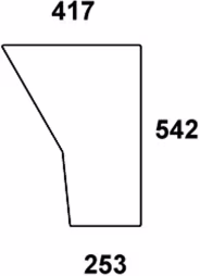 Technische Zeichnung: Türscheibe, klar, unten, Länge 253 mm, 417 mm, für Case IH 433, 533, 633, 733, 833, 933