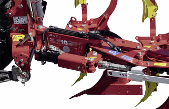 Produktbild: Pöttinger Pflug Servo 45 M in Rot mit hydraulischer Steuerung und gelben Pflugscharen