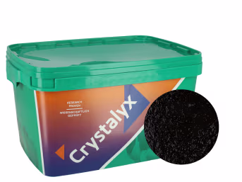 Produktbild: Crystalyx Leckmasse im grünen Eimer mit Detailansicht der schwarzen Mineralstoff-Leckmasse