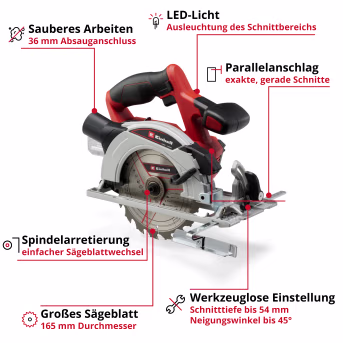 Produktbild: EINHELL Power X-Change Akku-Handkreissäge TE-CS 18/165-1 Li - Solo
