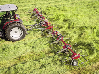 Lifestyle: Massey Ferguson Heuwender im Einsatz auf einer Wiese, gezogen von einem Traktor