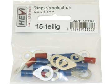 Hevi Ringkabelschuh-Sortiment 0,25 – 1,0 mm², 1,0 – 2,5 mm², 15 St., teilisoliert Hevi Ringkabelschuh-Sortiment 0,25 – 1,0 mm², 1,0 – 2,5 mm², 15 St., teilisoliert