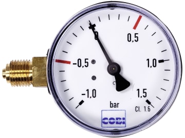 Hücobi Vakuum-Manometer, Anschluss 1/4" links, -1 bis 1,5 bar, Rote Markierung -0,5 bar; +0,5 bar Hücobi Vakuum-Manometer, Anschluss 1/4" links, -1 bis 1,5 bar, Rote Markierung -0,5 bar; +0,5 bar