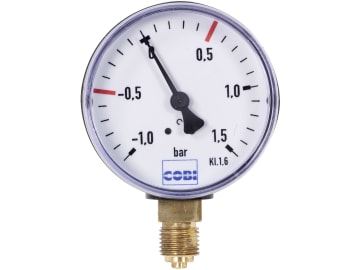 Hücobi Vakuum-Manometer, Anschluss 1/4" unten, -1 bis 1,5 bar, Rote Markierung -0,5 bar; +0,5 bar, 8112 006005 Hücobi Vakuum-Manometer, Anschluss 1/4" unten, -1 bis 1,5 bar, Rote Markierung -0,5 bar; +0,5 bar, 8112 006005