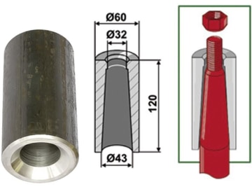 Industriehof® Einschweißbuchse Ø innen 32 mm; 43 mm, Ø außen 60 mm, für Großballenzinken mit Gewinde M28, 18100-21 Industriehof® Einschweißbuchse Ø innen 32 mm; 43 mm, Ø außen 60 mm, für Großballenzinken mit Gewinde M28, 18100-21