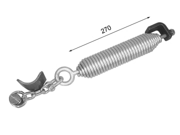 Bordwandrückzugfeder, 270 x 7 mm x Ø 7 mm, verzinkt, mit Schraube und Anschweißteilen Bordwandrückzugfeder, 270 x 7 mm x Ø 7 mm, verzinkt, mit Schraube und Anschweißteilen