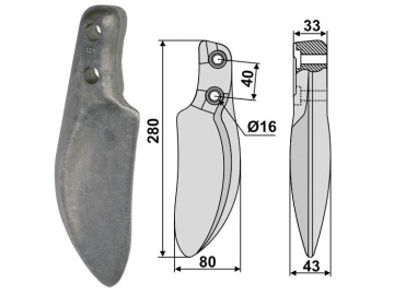 Industriehof® Rotorzinken links/rechts 280 x 43 x 80 mm, Bohrung 16 mm für Dutzi, RH-106/D Industriehof® Rotorzinken links/rechts 280 x 43 x 80 mm, Bohrung 16 mm für Dutzi, RH-106/D