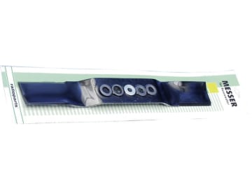Rasenmähermesser Länge 380 mm, ZB rund, 25,4 mm, AB oval, 9,5 x 38 mm, stark gekröpft mit Reduzierringen, für universal Rasenmähermesser Länge 380 mm, ZB rund, 25,4 mm, AB oval, 9,5 x 38 mm, stark gekröpft mit Reduzierringen, für universal