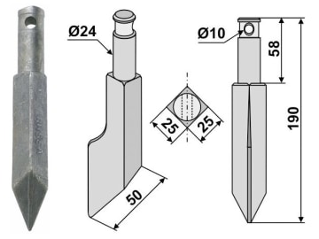 Industriehof® Rotorzinken links/rechts 190 x 25 x 25 mm, Bohrung 10 mm für Rau, RH55A Industriehof® Rotorzinken links/rechts 190 x 25 x 25 mm, Bohrung 10 mm für Rau, RH55A