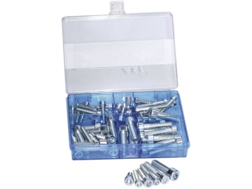 Innensechskantschrauben-Sortiment 53-teilig in Kunststoffbox, DIN 912, verzinkt Innensechskantschrauben-Sortiment 53-teilig in Kunststoffbox, DIN 912, verzinkt