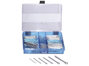 Splinte-Sortiment DIN 94 Ø 1,6 – 6,3 mm, verzinkt, 200 St., in Kunststoffbox Splinte-Sortiment DIN 94 Ø 1,6 – 6,3 mm, verzinkt, 200 St., in Kunststoffbox