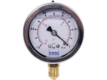 Hücobi Glyzerin-Vakuum-Manometer Anschluss 1/4" unten Anzeigebereich -1 bis 0 bar, 8117 006000 Hücobi Glyzerin-Vakuum-Manometer Anschluss 1/4" unten Anzeigebereich -1 bis 0 bar, 8117 006000