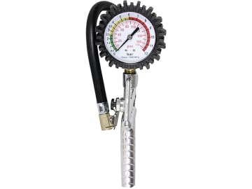 Airpress Reifenfüllprüfer, 0 bis 12 bar, 1/4" IG unten, vertikales Manometer, doppelte Skala (Bar/Psi), Gummischutz, ohne Druckluftstecker Airpress Reifenfüllprüfer, 0 bis 12 bar, 1/4" IG unten, vertikales Manometer, doppelte Skala (Bar/Psi), Gummischutz, ohne Druckluftstecker