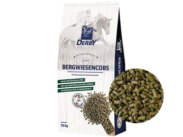 DERBY® Bergwiesencobs naturbelassener, eiweiß- und staubarmer Heuersatz für Pferde zum Einweichen 25 kg Sack DERBY® Bergwiesencobs naturbelassener, eiweiß- und staubarmer Heuersatz für Pferde zum Einweichen 25 kg Sack