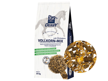 DERBY® Vollkorn-Mix mit Kräutern für Pferde zur Unterstützung bei Atemwegsproblemen und Stauballergien 25 kg Sack DERBY® Vollkorn-Mix mit Kräutern für Pferde zur Unterstützung bei Atemwegsproblemen und Stauballergien 25 kg Sack