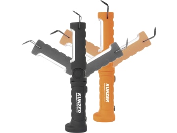 LED-Akku-Arbeitsleuchte 70 lm; 300 lm, mit Arbeits- und Kopflicht, um 120° schwenkbar, schwarz; orange LED-Akku-Arbeitsleuchte 70 lm; 300 lm, mit Arbeits- und Kopflicht, um 120° schwenkbar, schwarz; orange
