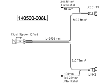 Anschlusskabel Länge 5,5 m, 2 St. DC-Abgänge je 100 mm, Stecker 13-polig/Bajonett 5-polig, DIN ISO 11446, 12 V Anschlusskabel Länge 5,5 m, 2 St. DC-Abgänge je 100 mm, Stecker 13-polig/Bajonett 5-polig, DIN ISO 11446, 12 V