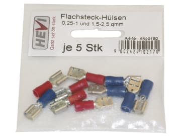 Hevi Flachsteckhülsen-Sortiment 0,25 – 1,0 mm², 1,0 – 2,5 mm², 10 St., teilisoliert Hevi Flachsteckhülsen-Sortiment 0,25 – 1,0 mm², 1,0 – 2,5 mm², 10 St., teilisoliert