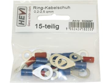 Hevi Ringkabelschuh-Sortiment 0,25 – 1,0 mm², 1,0 – 2,5 mm², 15 St., teilisoliert Hevi Ringkabelschuh-Sortiment 0,25 – 1,0 mm², 1,0 – 2,5 mm², 15 St., teilisoliert