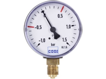 Hücobi Vakuum-Manometer, Anschluss 1/4" unten, -1 bis 1,5 bar, Rote Markierung -0,5 bar; +0,5 bar, 8112 006005 Hücobi Vakuum-Manometer, Anschluss 1/4" unten, -1 bis 1,5 bar, Rote Markierung -0,5 bar; +0,5 bar, 8112 006005