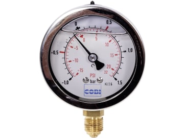 Hücobi Glyzerin-Vakuum-Manometer, Anschluss 1/4" unten, -1 bis 1,5 bar, Rote Markierung -0,5 bar; +0,5 bar, 8113 006005 Hücobi Glyzerin-Vakuum-Manometer, Anschluss 1/4" unten, -1 bis 1,5 bar, Rote Markierung -0,5 bar; +0,5 bar, 8113 006005