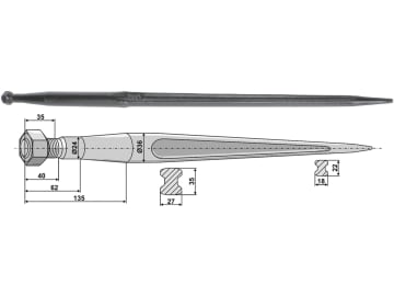 Industriehof® Frontladerzinken 900 mm, M 22 x 1,5, spitz, gerade, für Baas, Trima, 18917 Industriehof® Frontladerzinken 900 mm, M 22 x 1,5, spitz, gerade, für Baas, Trima, 18917