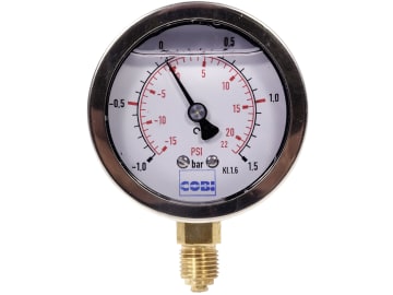 Hücobi Glyzerin-Vakuum-Manometer, Anschluss 1/4" unten, -1 bis 1,5 bar, Rote Markierung -0,5 bar; +1,0 bar, 8113 006010 Hücobi Glyzerin-Vakuum-Manometer, Anschluss 1/4" unten, -1 bis 1,5 bar, Rote Markierung -0,5 bar; +1,0 bar, 8113 006010