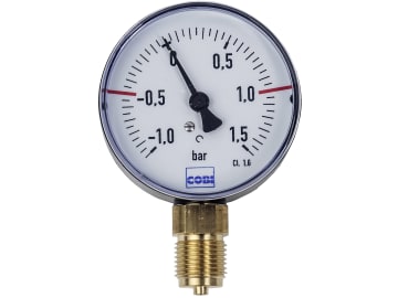Hücobi Vakuum-Manometer, Anschluss 1/4" unten, -1 bis 1,5 bar, Rote Markierung -0,5 bar; +1,0 bar, 8112 006010 Hücobi Vakuum-Manometer, Anschluss 1/4" unten, -1 bis 1,5 bar, Rote Markierung -0,5 bar; +1,0 bar, 8112 006010