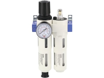 Airpress Wartungseinheit 1/2" AG, Ansaugleistung 2.620 l/min, vertikales Manometer, doppelte Skala (Bar/PSI), 45200016 Airpress Wartungseinheit 1/2" AG, Ansaugleistung 2.620 l/min, vertikales Manometer, doppelte Skala (Bar/PSI), 45200016