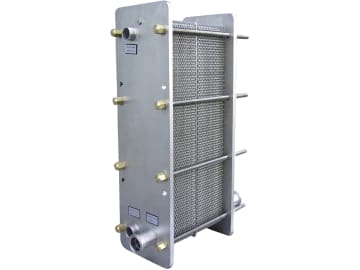 Plattenwärmetauscher "Modell F Medium" Milch-/Wasserdurchsatz 7.480/21.780 l/h, Edelstahl, Bodenmontage, für Milchvorkühlung Plattenwärmetauscher "Modell F Medium" Milch-/Wasserdurchsatz 7.480/21.780 l/h, Edelstahl, Bodenmontage, für Milchvorkühlung