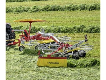 Pöttinger Schwader "Top 632 A" 3,40 – 6,30 m, 2 Kreisel, Schwad links; 2 Schwaden, hydraulisch verstellbare Arbeitsbreite, Unterlenkeranbau mit Anbauschiene; Zugpendel Pöttinger Schwader "Top 632 A" 3,40 – 6,30 m, 2 Kreisel, Schwad links; 2 Schwaden, hydraulisch verstellbare Arbeitsbreite, Unterlenkeranbau mit Anbauschiene; Zugpendel