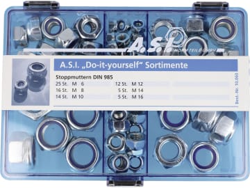 Sicherungsmuttern-Sortiment DIN 985 M 6–M 16, verzinkt, 77 St. in Kunststoffbox Sicherungsmuttern-Sortiment DIN 985 M 6–M 16, verzinkt, 77 St. in Kunststoffbox