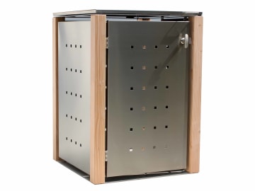 Indra 1er Mülltonnenbox Edelstahl mit Lärchenpfosten 120 Liter Mülltonnenverkleidung, Müllbox, Mülltonnenhaus Indra 1er Mülltonnenbox Edelstahl mit Lärchenpfosten 120 Liter Mülltonnenverkleidung, Müllbox, Mülltonnenhaus