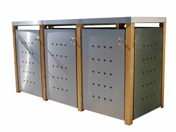 Indra 3er Mülltonnenbox Edelstahl mit Lärchenpfosten 240 Liter Mülltonnenverkleidung, Müllbox, Mülltonnenhaus Indra 3er Mülltonnenbox Edelstahl mit Lärchenpfosten 240 Liter Mülltonnenverkleidung, Müllbox, Mülltonnenhaus