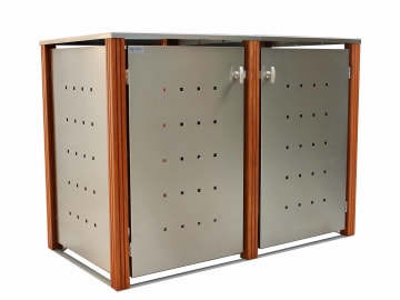 Indra 2er Mülltonnenbox Edelstahl mit Bangkiraipfosten 240 Liter Mülltonnenverkleidung, Müllbox, Mülltonnenhaus Indra 2er Mülltonnenbox Edelstahl mit Bangkiraipfosten 240 Liter Mülltonnenverkleidung, Müllbox, Mülltonnenhaus