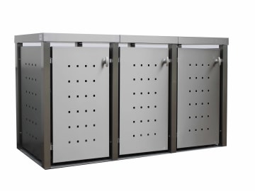 Indra 3er Mülltonnenbox Edelstahl mit Vierkantpfosten 120 Liter Mülltonnenverkleidung, Müllbox, Mülltonnenhaus Indra 3er Mülltonnenbox Edelstahl mit Vierkantpfosten 120 Liter Mülltonnenverkleidung, Müllbox, Mülltonnenhaus
