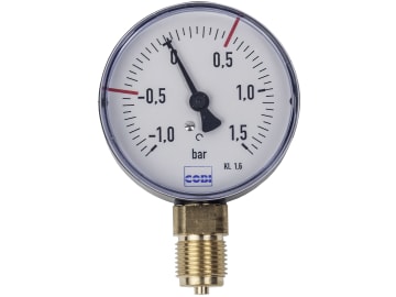 Hücobi Vakuum-Manometer, Anschluss 1/2" unten, -1 bis 1,5 bar, Rote Markierung -0,5 bar; +0,5 bar, 8114 013005 Hücobi Vakuum-Manometer, Anschluss 1/2" unten, -1 bis 1,5 bar, Rote Markierung -0,5 bar; +0,5 bar, 8114 013005