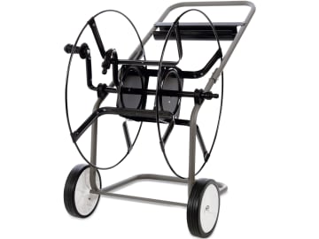 Schlauchwagen Anschluss Winkeltülle 1/2"; Winkeltülle 3/4"; drehbar; Messing Stahl, mit Ablage Schlauchwagen Anschluss Winkeltülle 1/2"; Winkeltülle 3/4"; drehbar; Messing Stahl, mit Ablage