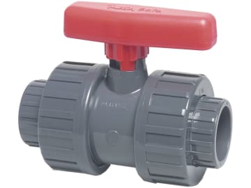 Kugelhahn Mega Safe 600 PVC mit zwei Verschraubugen mit gesicherter Kugel, PVC-U-Hebel/Griff, Hytrel/EPDM-Dichtung Kugelhahn Mega Safe 600 PVC mit zwei Verschraubugen mit gesicherter Kugel, PVC-U-Hebel/Griff, Hytrel/EPDM-Dichtung