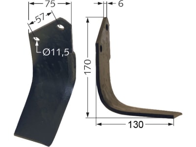 Fräsmesser 170 x 75 x 6 mm Bohrung 11,5 mm links/rechts für Howard Bodenfräsen, Motorhacken, Gartenfräsen Fräsmesser 170 x 75 x 6 mm Bohrung 11,5 mm links/rechts für Howard Bodenfräsen, Motorhacken, Gartenfräsen