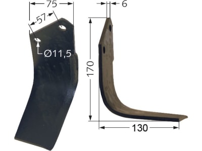 Fräsmesser 170 x 75 x 6 mm Bohrung 11,5 mm rechts für Howard Bodenfräsen, Motorhacken, Gartenfräsen