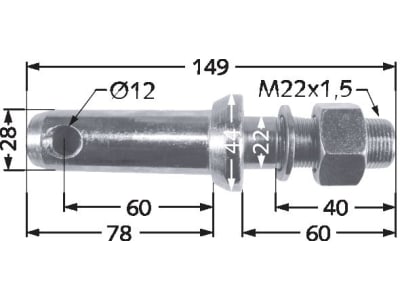 Unterlenkerbolzen Kat. 2/1 Länge 149 mm, Ø 28 mm; 22 mm, M 22 x 1,5 Unterlenkerbolzen Kat. 2/1 Länge 149 mm, Ø 28 mm; 22 mm, M 22 x 1,5