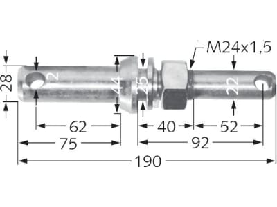 Unterlenkerbolzen Kat. 2/1 Länge 190 mm, Ø 28 mm; 22 mm, M 24 x 1,5