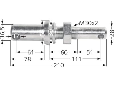 Unterlenkerbolzen Kat. 3/2 Länge 210 mm, Ø 36,5 mm; 30 mm; 28 mm, M 30 x 2