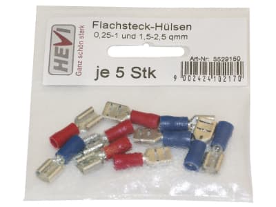 Hevi Flachsteckhülsen-Sortiment 0,25 – 1,0 mm², 1,0 – 2,5 mm², 10 St., teilisoliert Hevi Flachsteckhülsen-Sortiment 0,25 – 1,0 mm², 1,0 – 2,5 mm², 10 St., teilisoliert