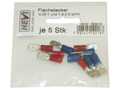 Hevi Flachstecker-Sortiment 0,25 – 1,0 mm², 1,0 – 2,5 mm², 10 St., teilisoliert Hevi Flachstecker-Sortiment 0,25 – 1,0 mm², 1,0 – 2,5 mm², 10 St., teilisoliert