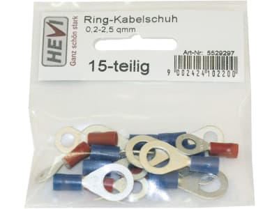 Hevi Ringkabelschuh-Sortiment 0,25 – 1,0 mm², 1,0 – 2,5 mm², 15 St., teilisoliert Hevi Ringkabelschuh-Sortiment 0,25 – 1,0 mm², 1,0 – 2,5 mm², 15 St., teilisoliert
